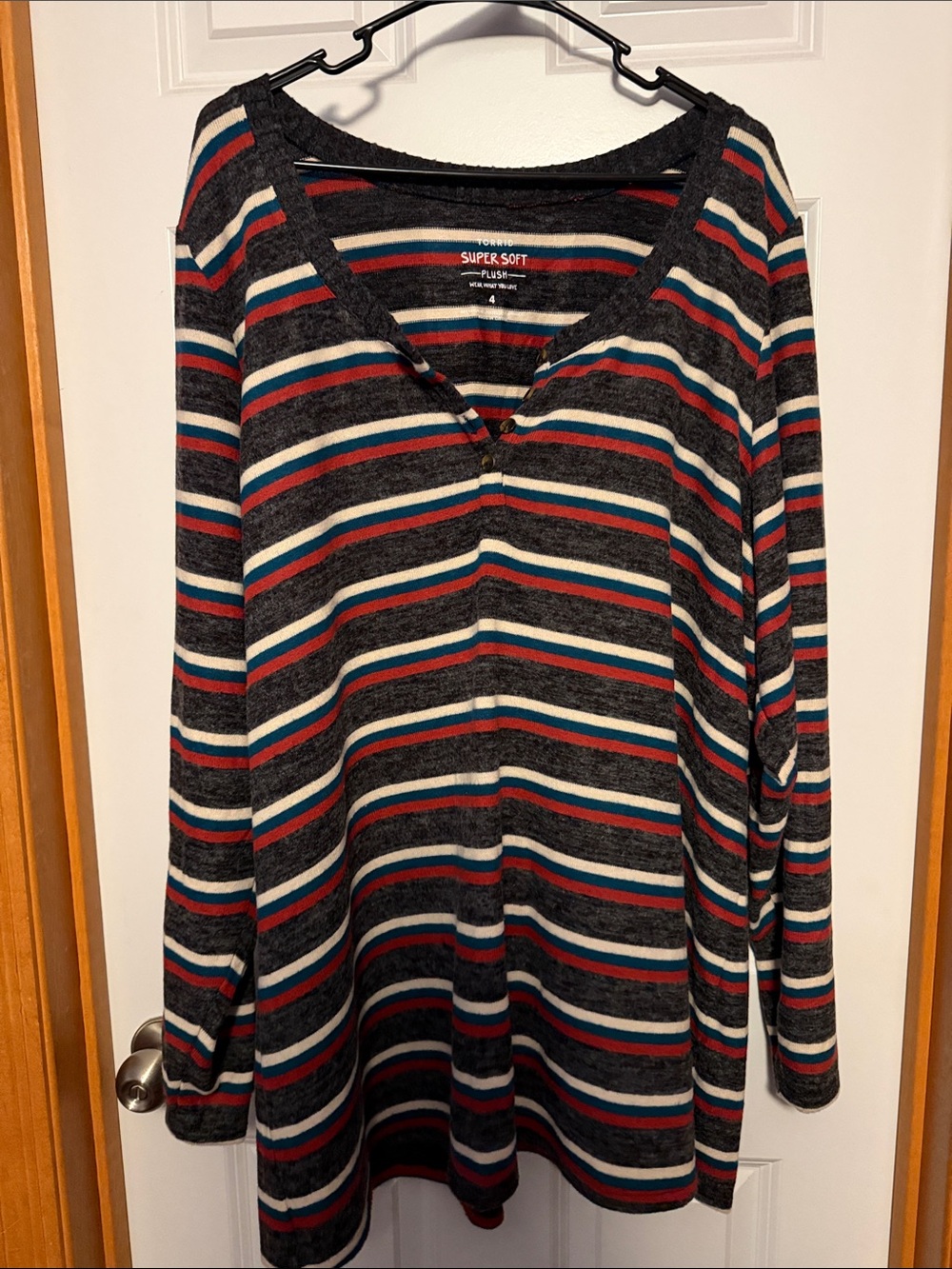 torrid 4x NWOT Striped Long Sleeve Henley Top in Charcoal, Red, Teal, Cream